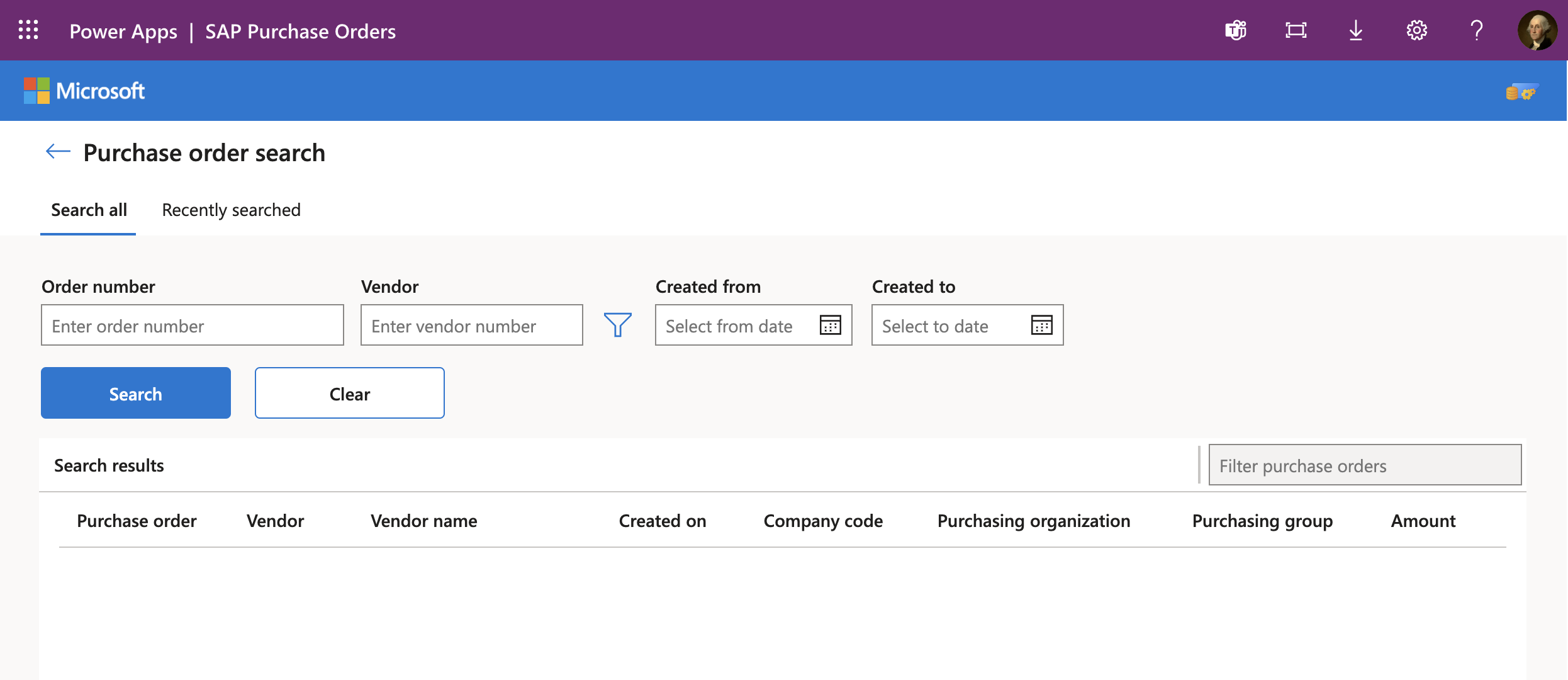 The purchase order search screen.