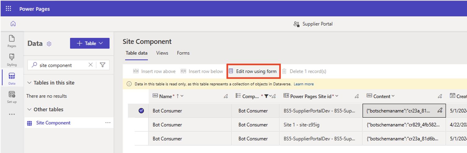 Screenshot of selecting a data row and then selecting Edit row using form on the Site Component page in Power Pages design studio.