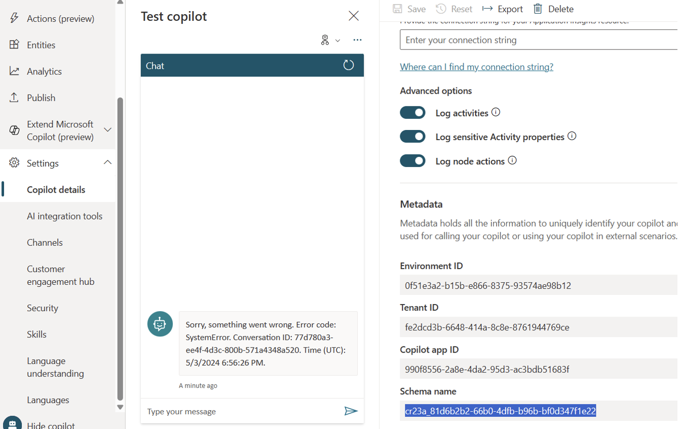 Screenshot of where to find Schema name in the Advanced section of Copilot details in Microsoft Copilot Studio.