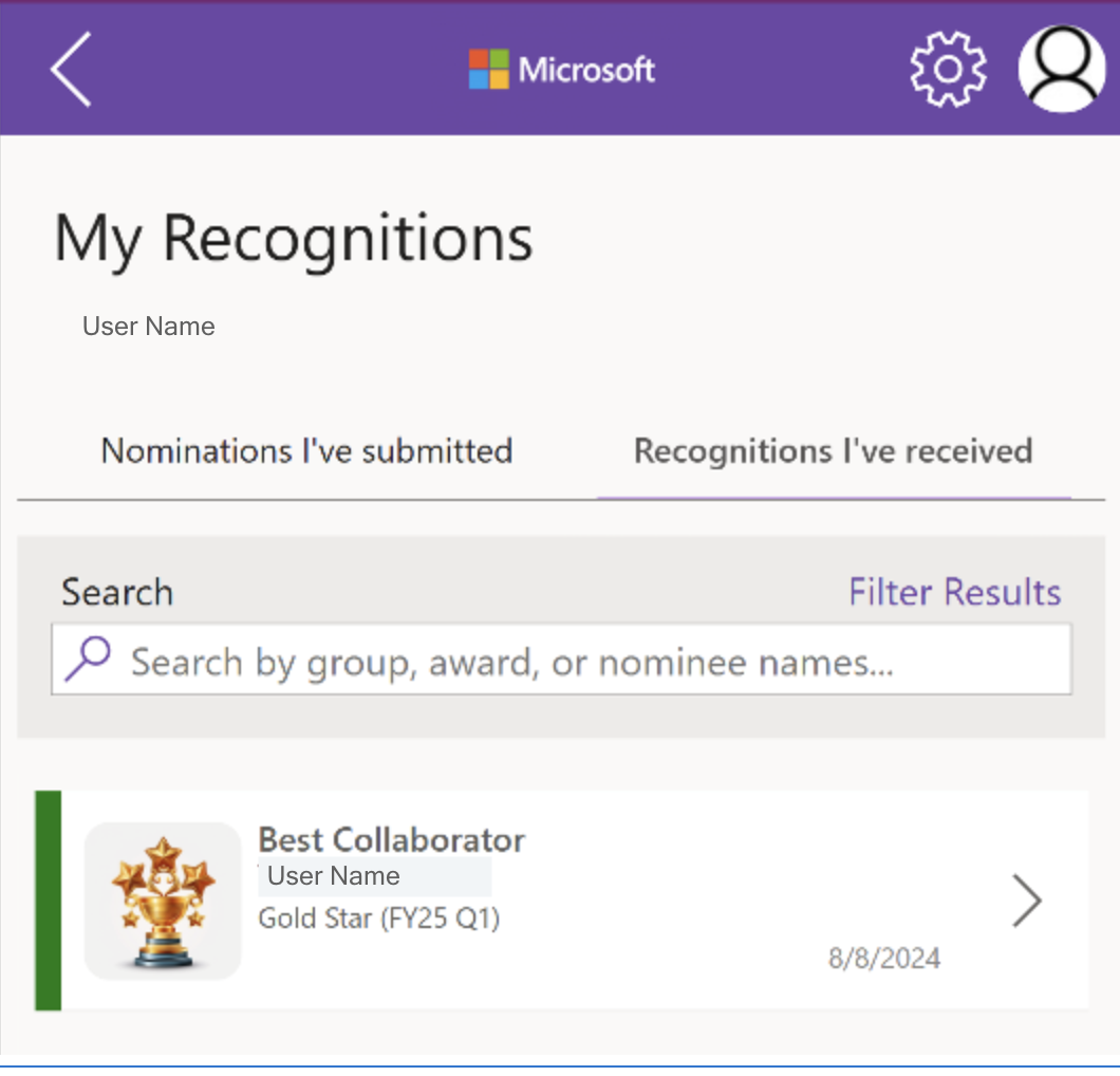 Look at recognitions you've received in the Awards and Recognition canvas app.