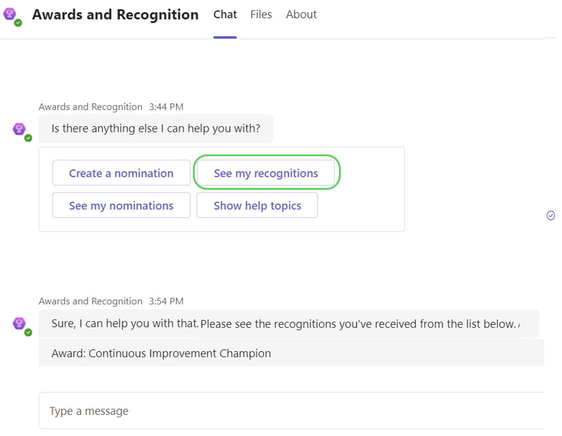 Copilot can show you recognitions you've received in the Awards and Recognition Copilot.