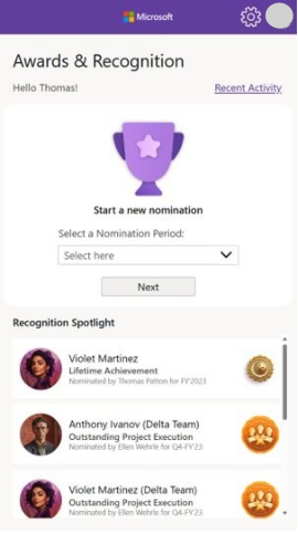 Awards and Recognition app's start a new nomination screen.