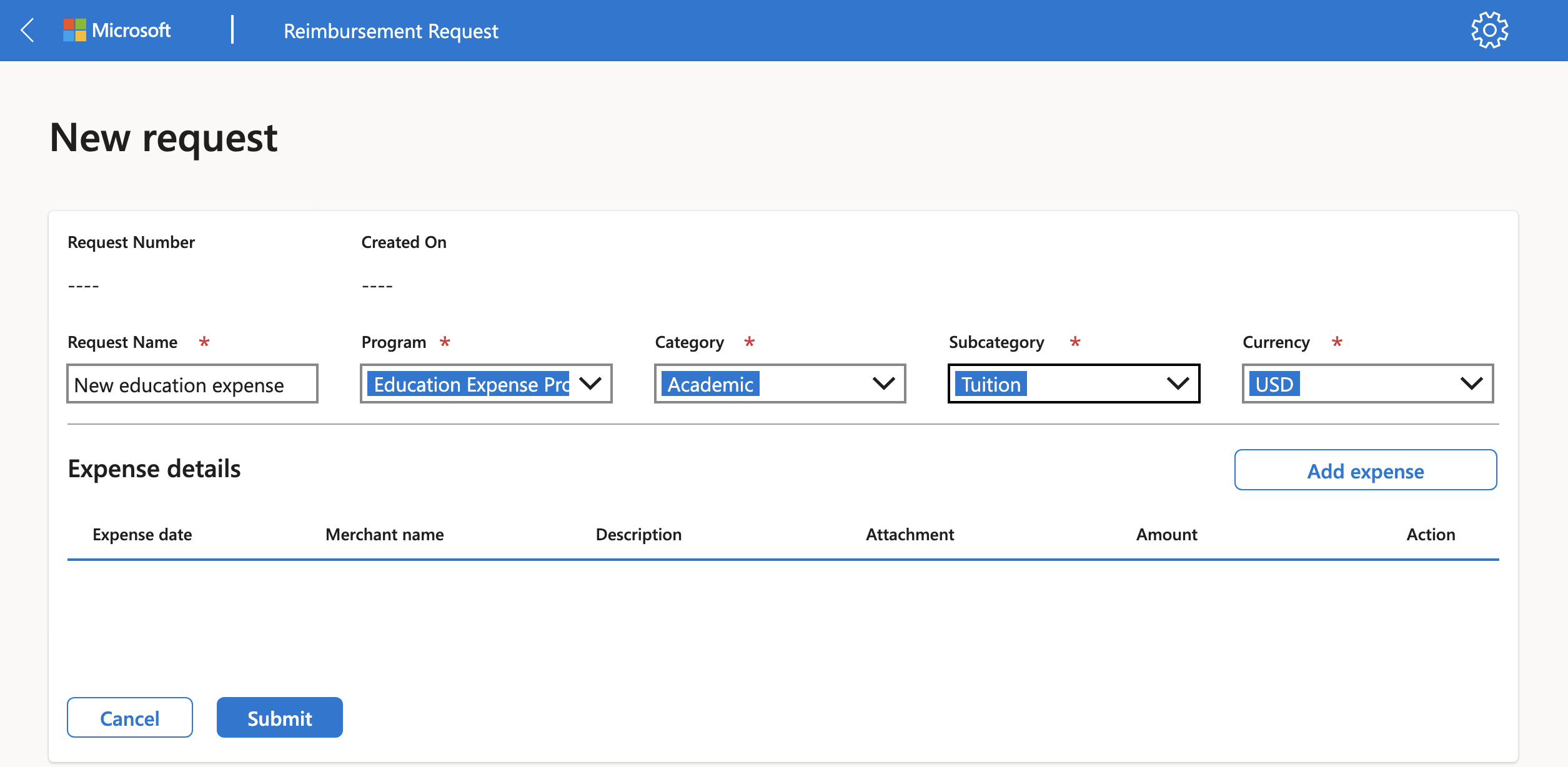 Screenshot of the New request screen in the Reimbursement Request app.