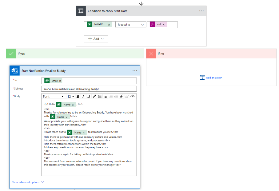 Screenshot of setting up a flow for an email communication.