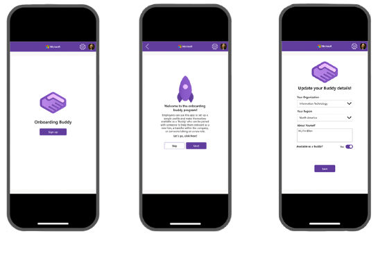 Screenshot of the three introductory Onboarding Buddy app screens.