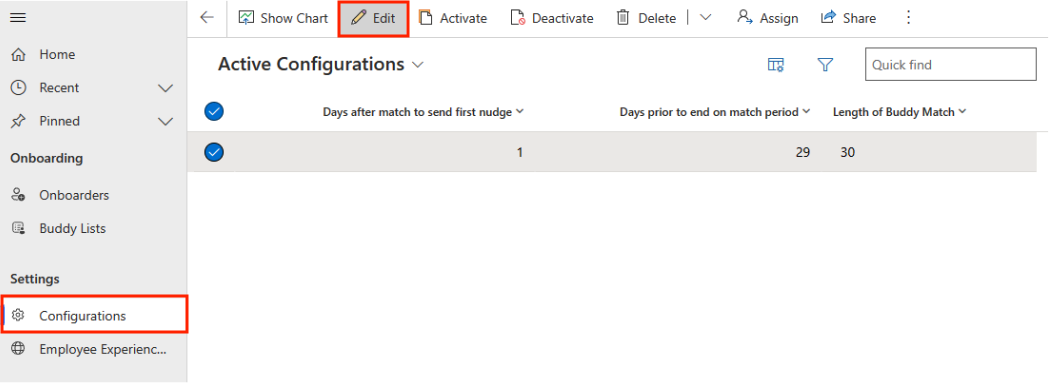 Screenshot of the Onboarding Buddy Admin app, with Configurations and Edit buttons highlighted.