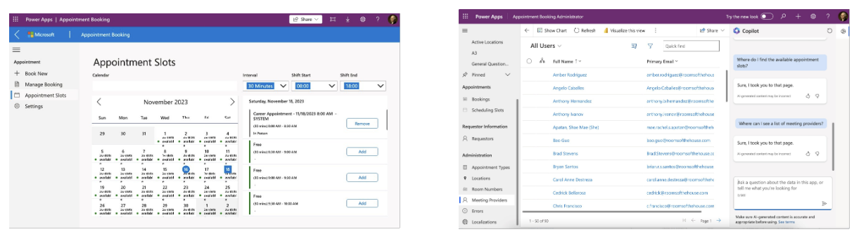 Screenshot of the Appointment Booking canvas app's Appointment Slot's screen and a screenshot of the model-driven app with the Microsoft Copilot panel open.