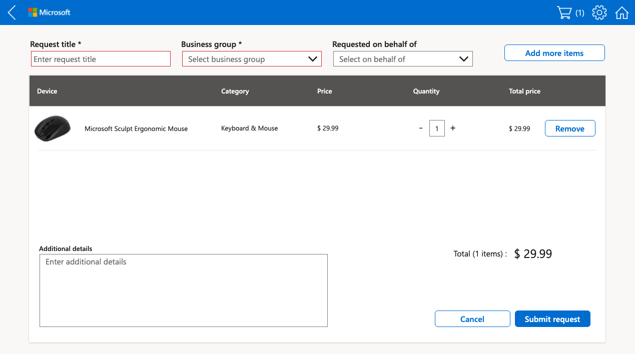 Screenshot of Hardware Request list in the Hardware Request canvas app.