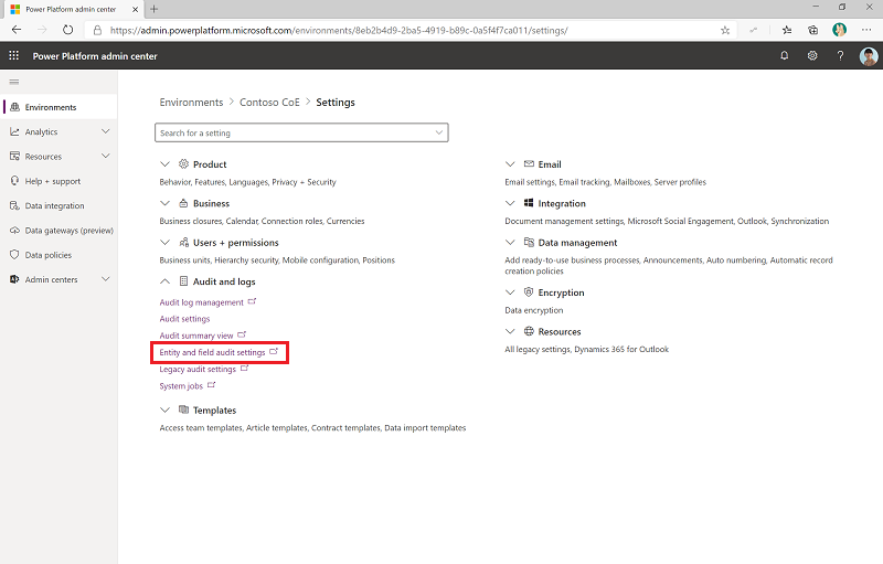 Entity and field audit settings.