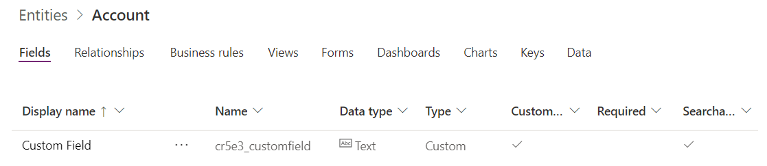 Accounts entity with Custom Field added, showing a display name of "Custom Field" and a logical name of "cr5e3_customfield."