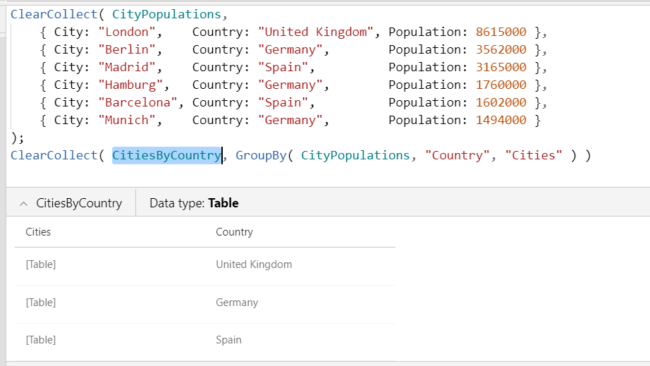 Collection in the formula bar's result view.