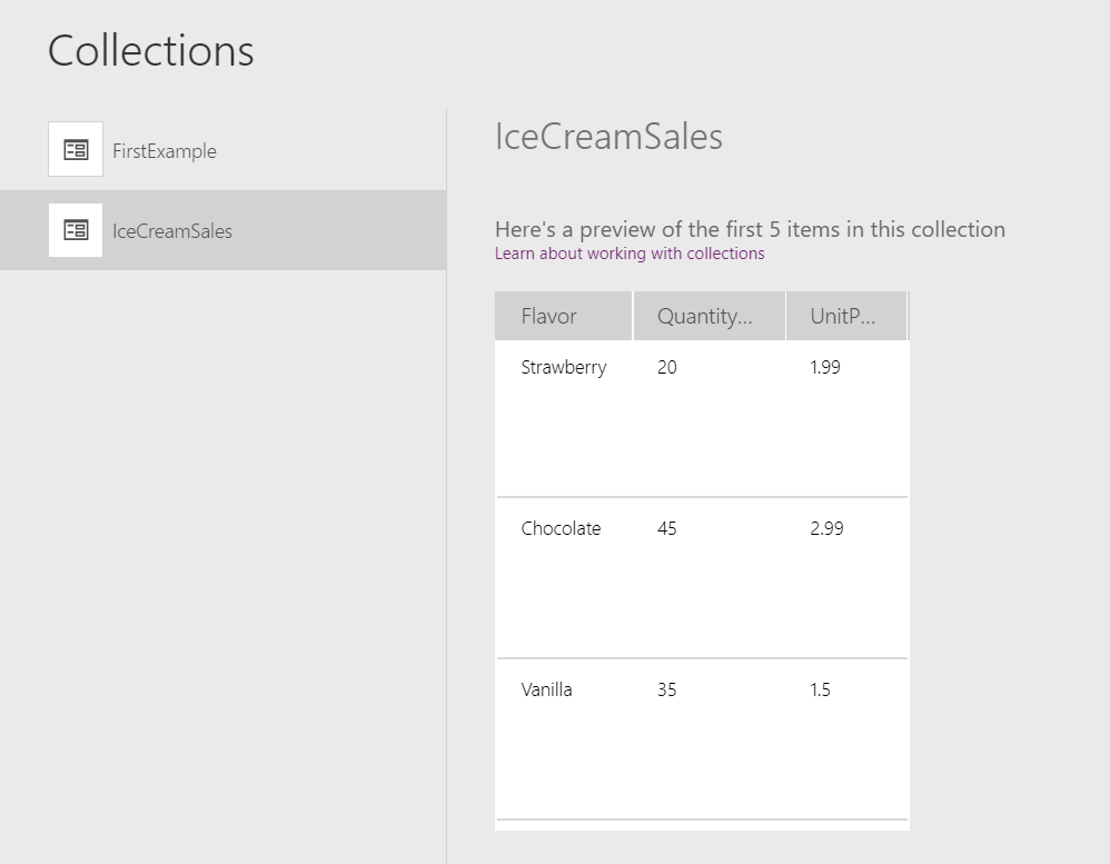 Collection viewer showing three records of the Ice Cream Sales collection that doesn't include a Revenue column.