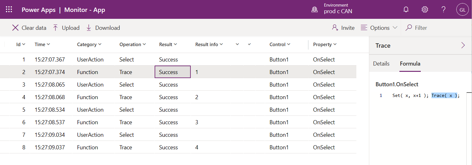 monitor trace showing button being pressed four times and corresponding increments of a variable