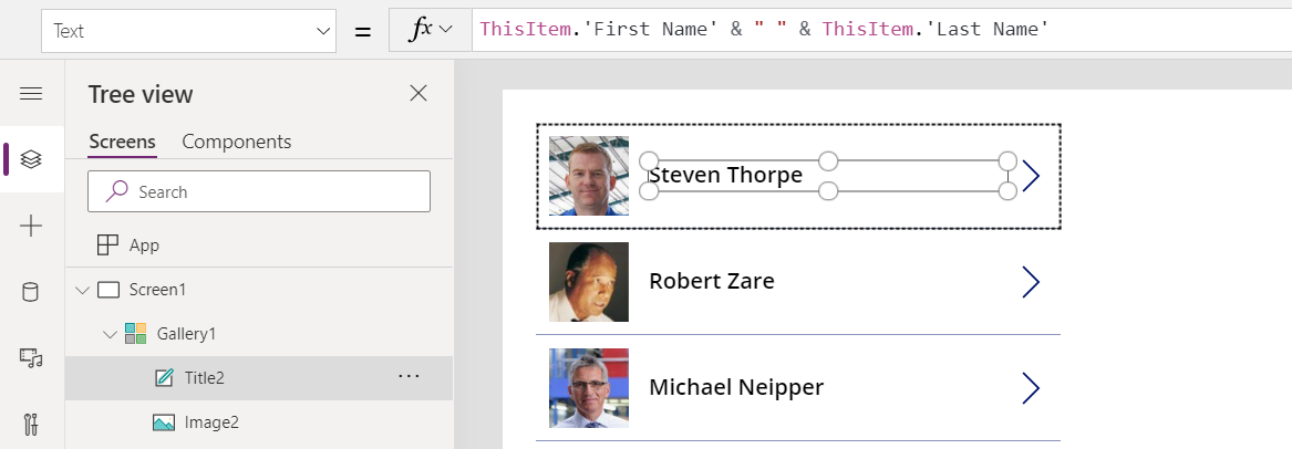 Formula for the first and last name of an employee.