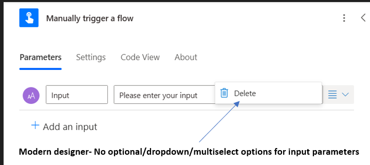 In modern designer, no option to make input parameter as optional, dropdown, or multiselect.