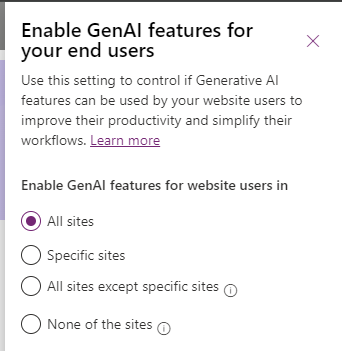 Mockup of the governance control that allows admins to block generative AI features in Pages sites.