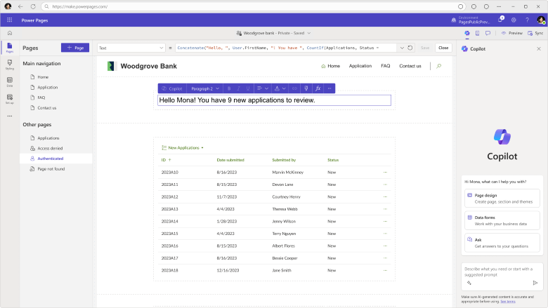 Screenshot of Power Pages design studio with the new Power Fx formula bar shown for a text component