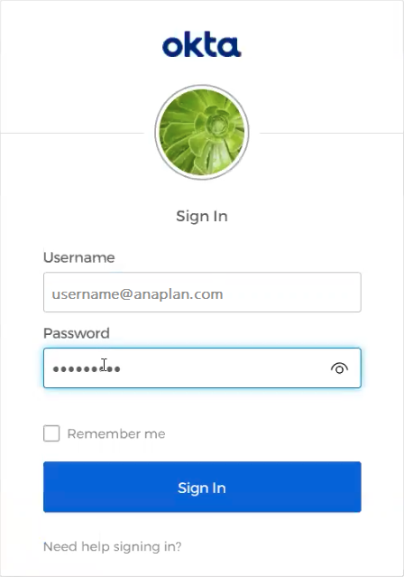 Sign In dialog for Okta. Okta is one example of a likely identity management tool.