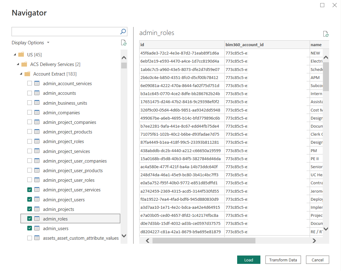 Navigate to data tables and load or transform data.