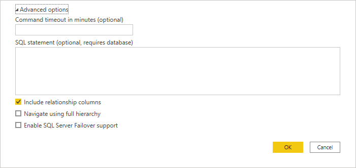 Screenshot of the advanced options available for the connector in Power Query.