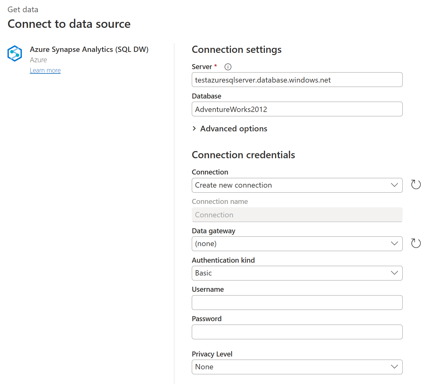 Screenshot of the Connect to data source page where you enter the online connection information.