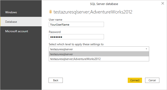 Screenshot of the authentication dialog for Azure Synapse Analytics (SQL DW) authentication.