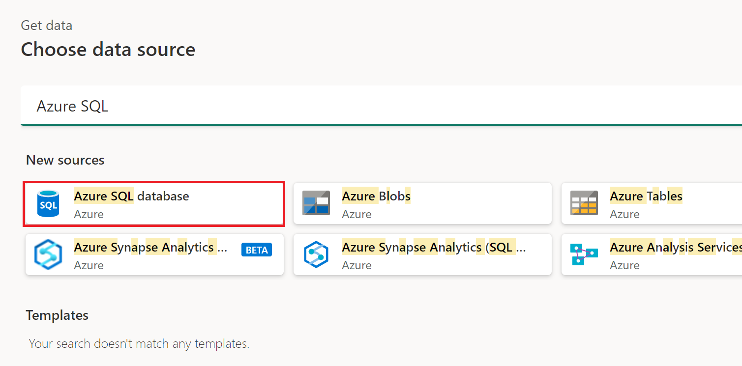 Screenshot of the get data window with Azure SQL database emphasized.