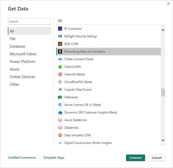 Screenshot that shows get data from Bloomberg Data and Analytics.