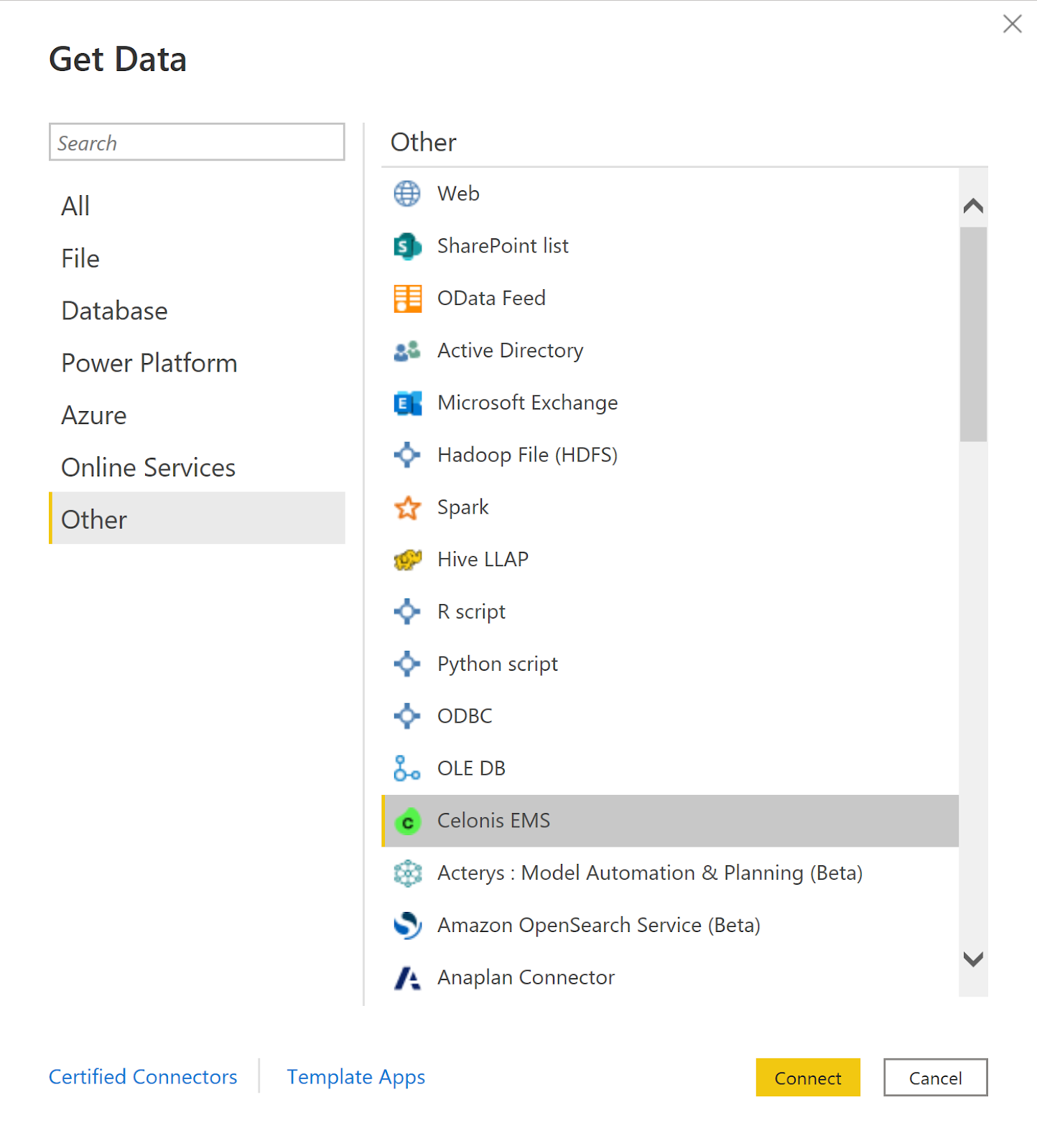 Screenshot of Get Data dialog showing the Celonis EMS connector selected.