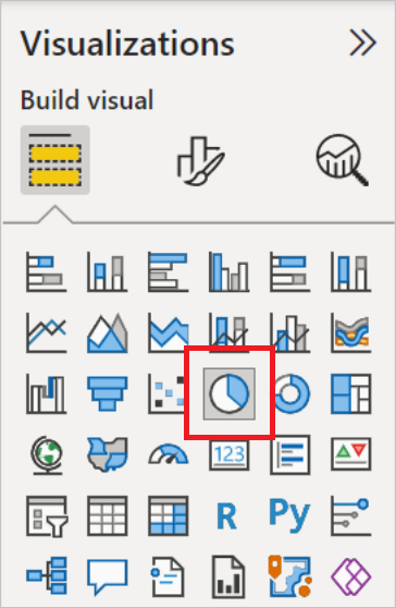 Screenshot of the Visualizations pane, with the pie chart symbol emphasized.