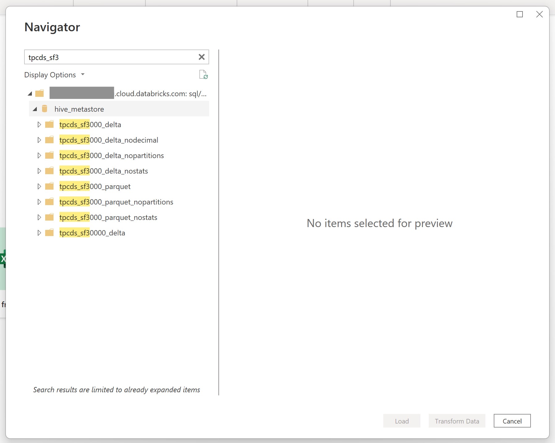 Image of Power Query navigator loading Databricks Cloud data to desktop app.