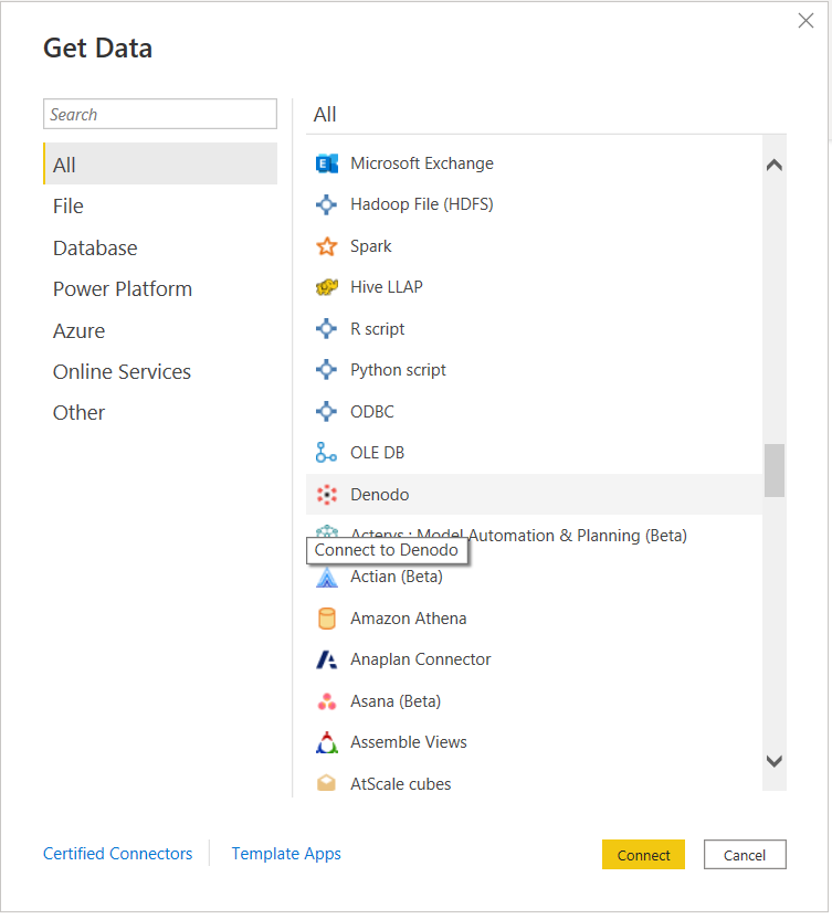 Denodo connector in Power Query Desktop.