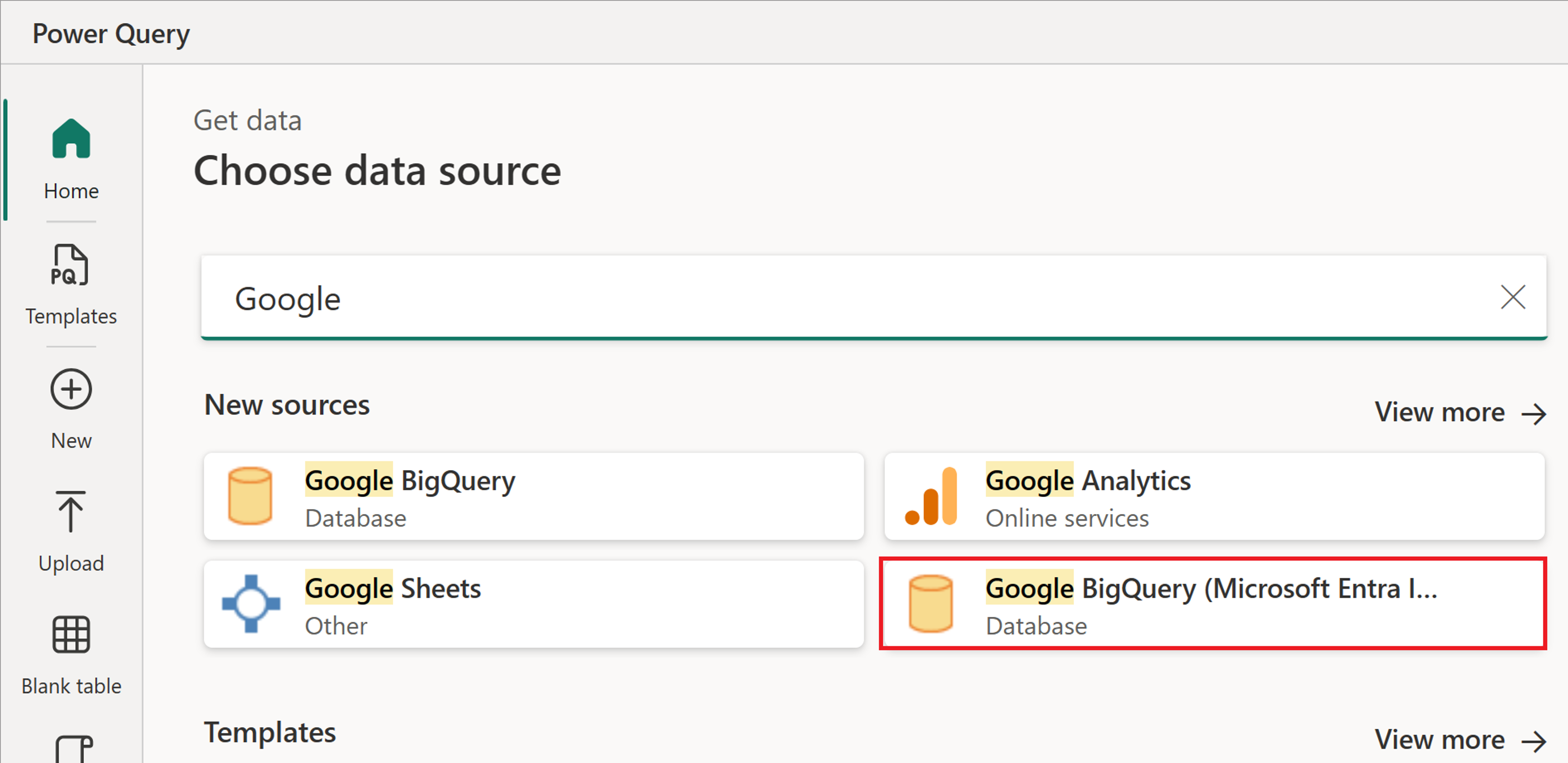 Screenshot of the Choose data source dialog with the Google BigQuery (Microsoft Entra ID) connector emphasized.