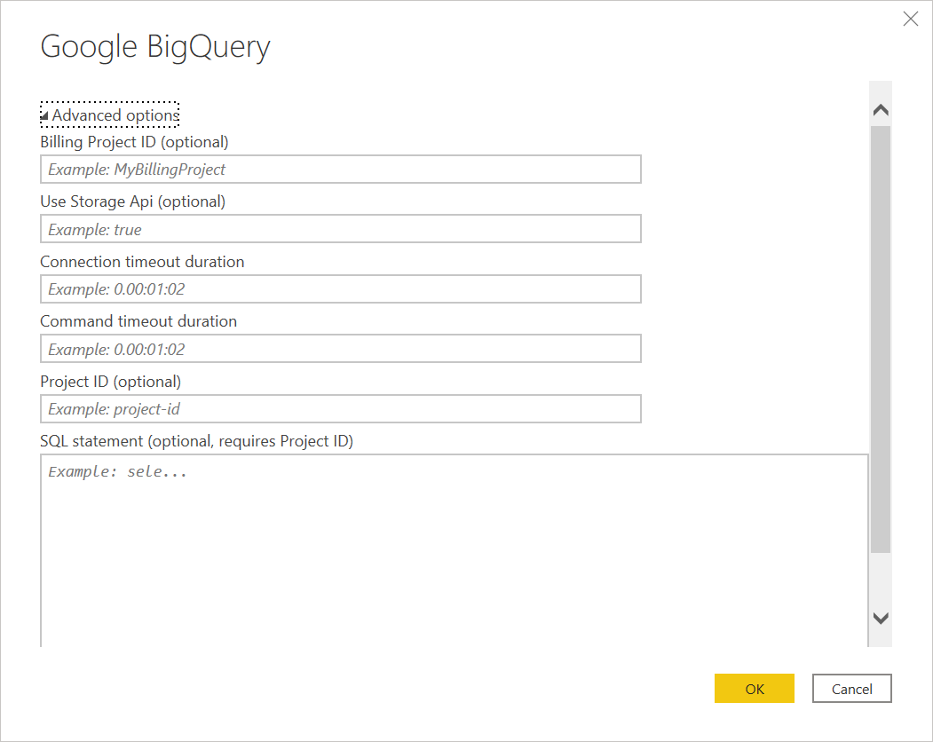 Display of advanced options available in Power Query Desktop.