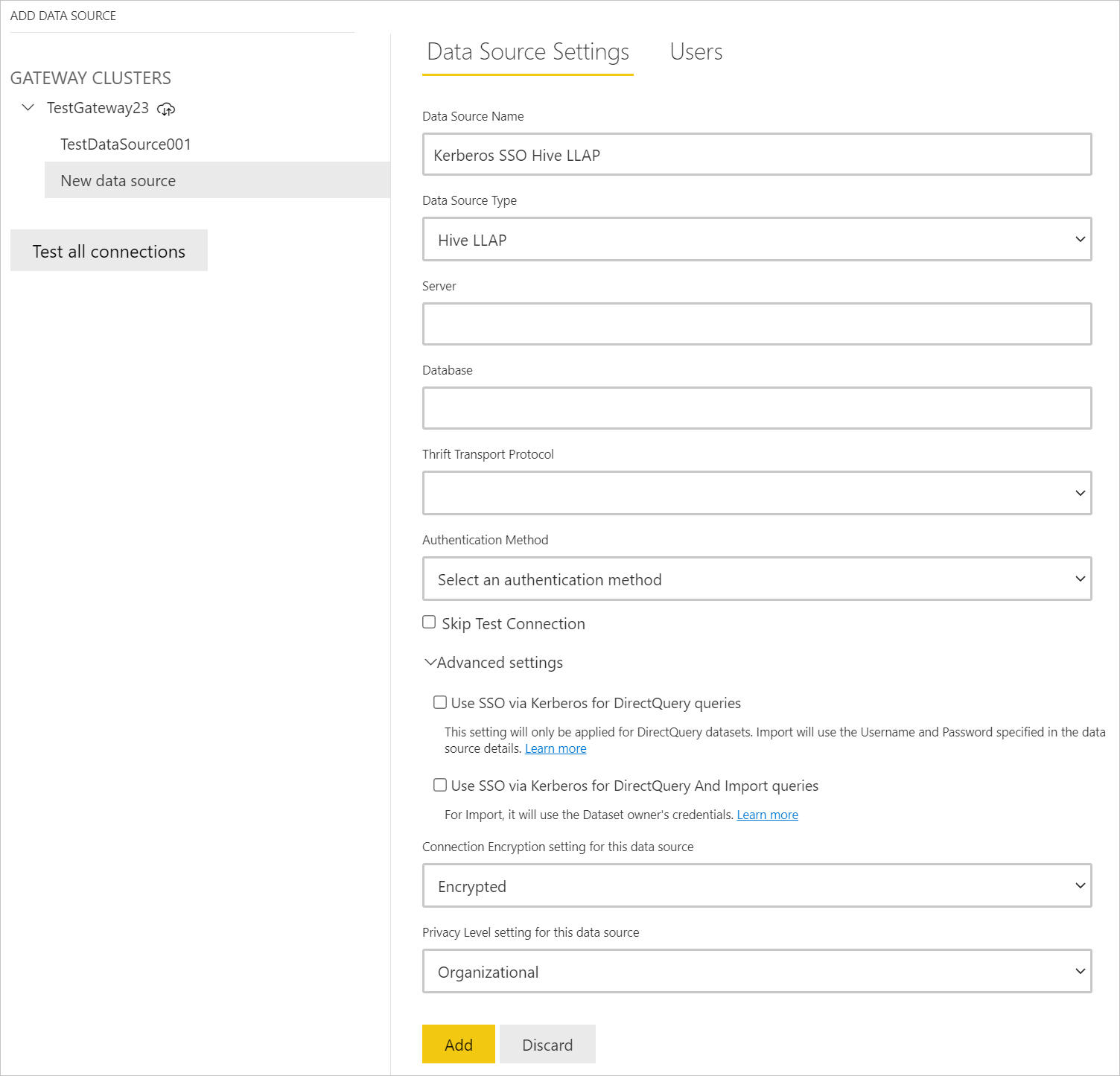 Add data source dialog showing the Kerberos advanced settings.