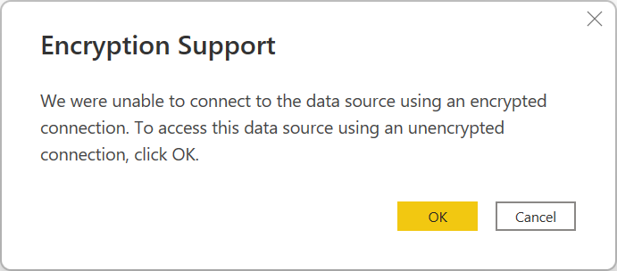 Image of the encryption support dialog, emphasizing that a connection could not be made and asking whether to use an unencrypted connection.