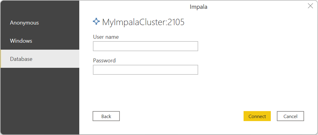 Image of the authentication dialog with the Anonymous, Windows, and Database selections on the left side, with Database selected.