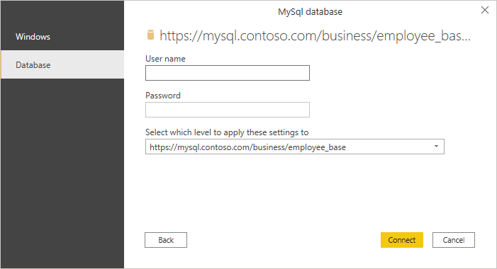 Screenshot of the authentication dialog with the Database authentication kind selected.