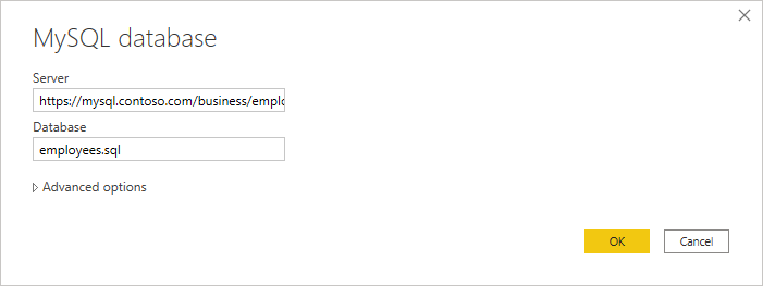 Screenshot of the MySQL database connection dialog.