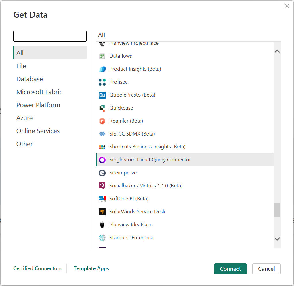 Locate the SingleStore Connectors in Get Data dialog.