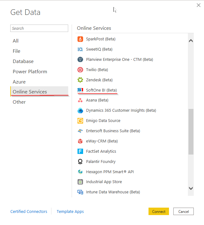 Select the SoftOne BI connector.