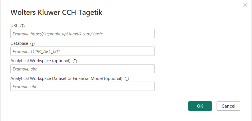 Screenshot of the Wolters Kluwer CCH Tagetik connector parameter dialog.