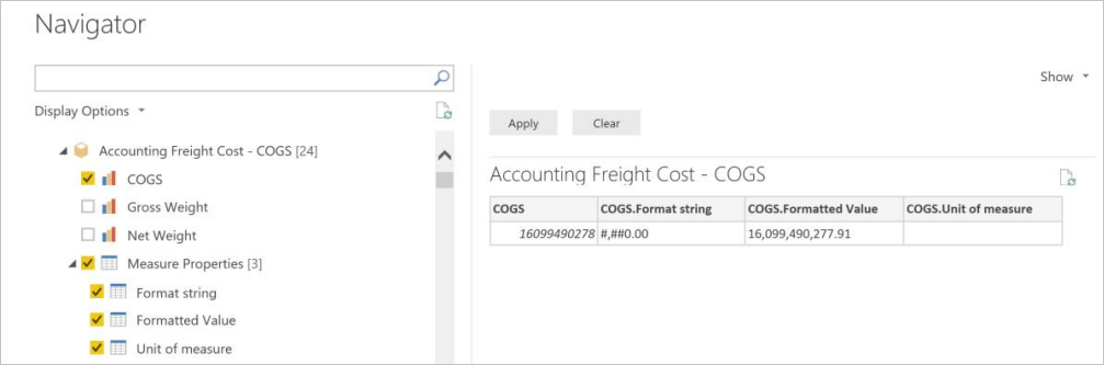 Navigator showing the Format string, Formatting value, and Units of measure measure properties selected.