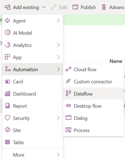 Screenshot of the automation dataflow option to select under the add existing option menu.