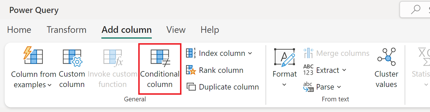 Screenshot of the Power Query ribbon with the Add column tab open and the Conditional column option emphasized.