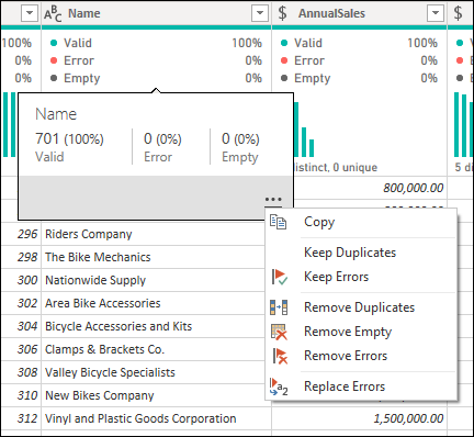 Data Quality hover options.