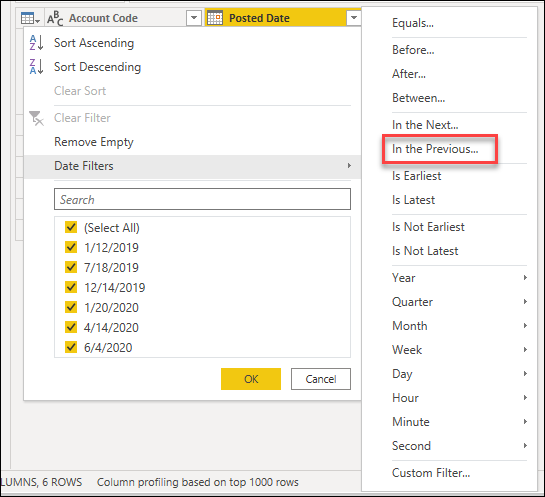 type specific filter for a date column.