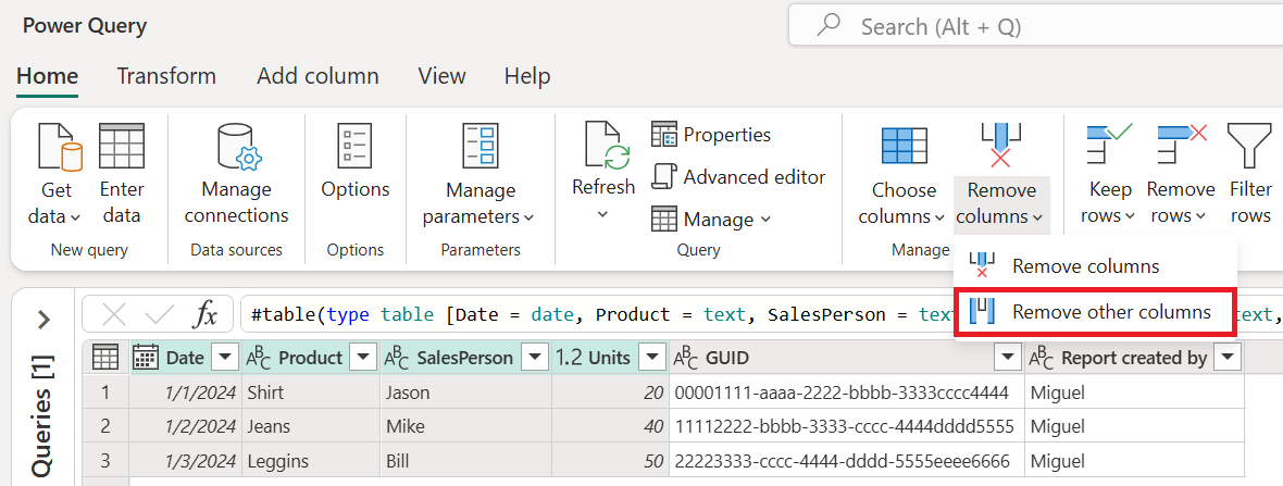 Screenshot of the Power Query Home tab ribbon with the Remove other columns option emphasized.