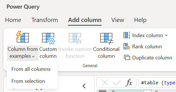 Screenshot of the Add column from examples options.