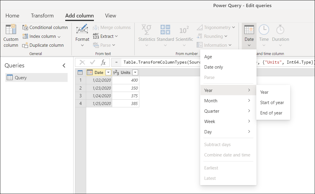 Selecting portions of the date column value to be placed in a new column.